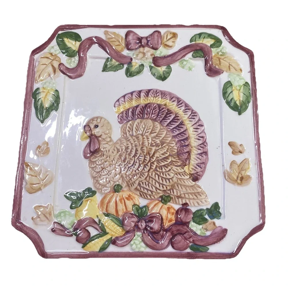 Vintage‎ 1998 Thanksgiving Turkey Pumpkins Fall Trivet&Spoon Rest Ceramic Glossy